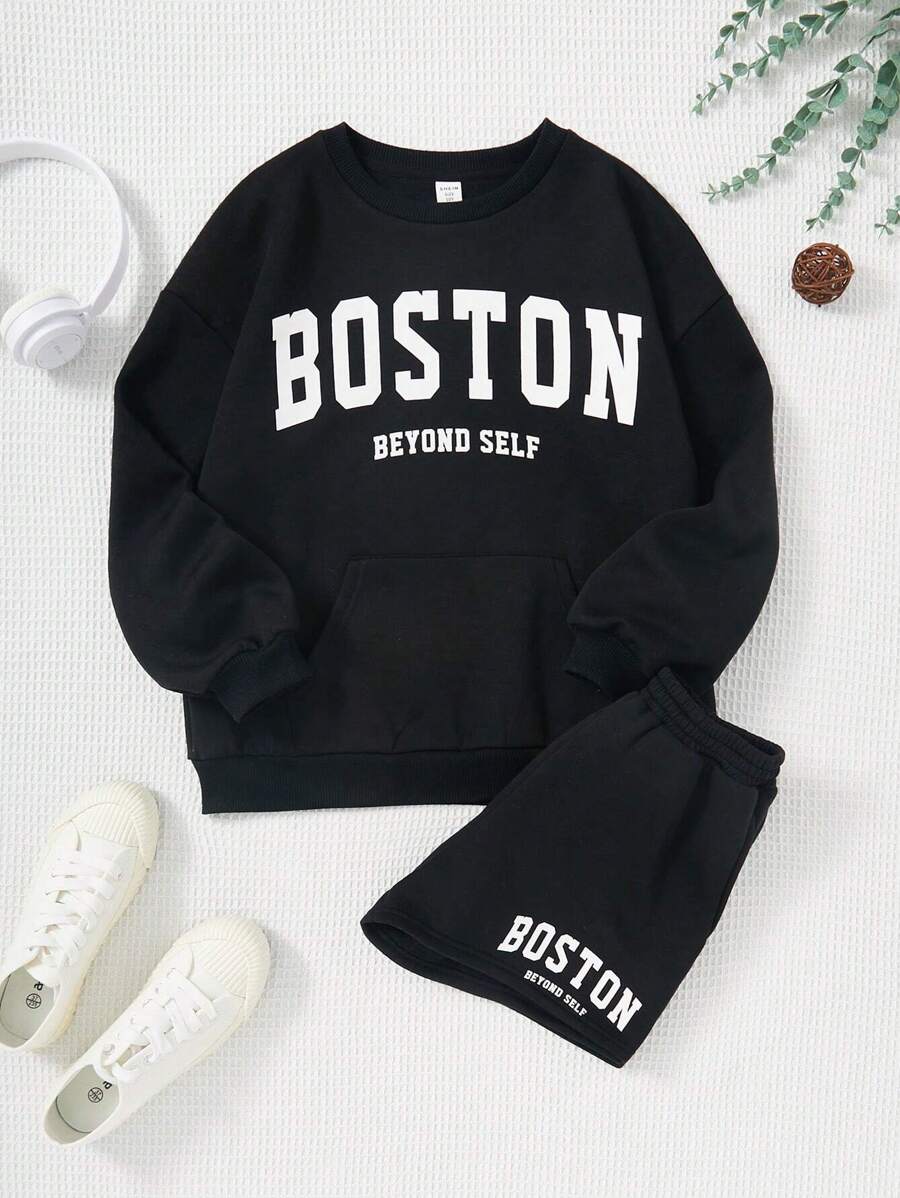 Tween meisje Gebreid Effen kleur Hoodie Met Letterprint En Los Short set