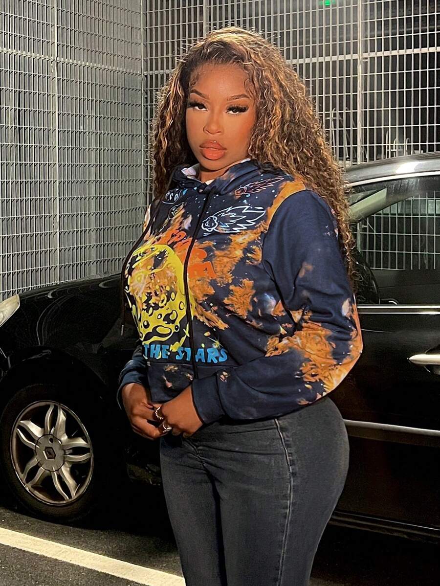Slaydiva Letter & Space Graphic Drawstring Hoodie