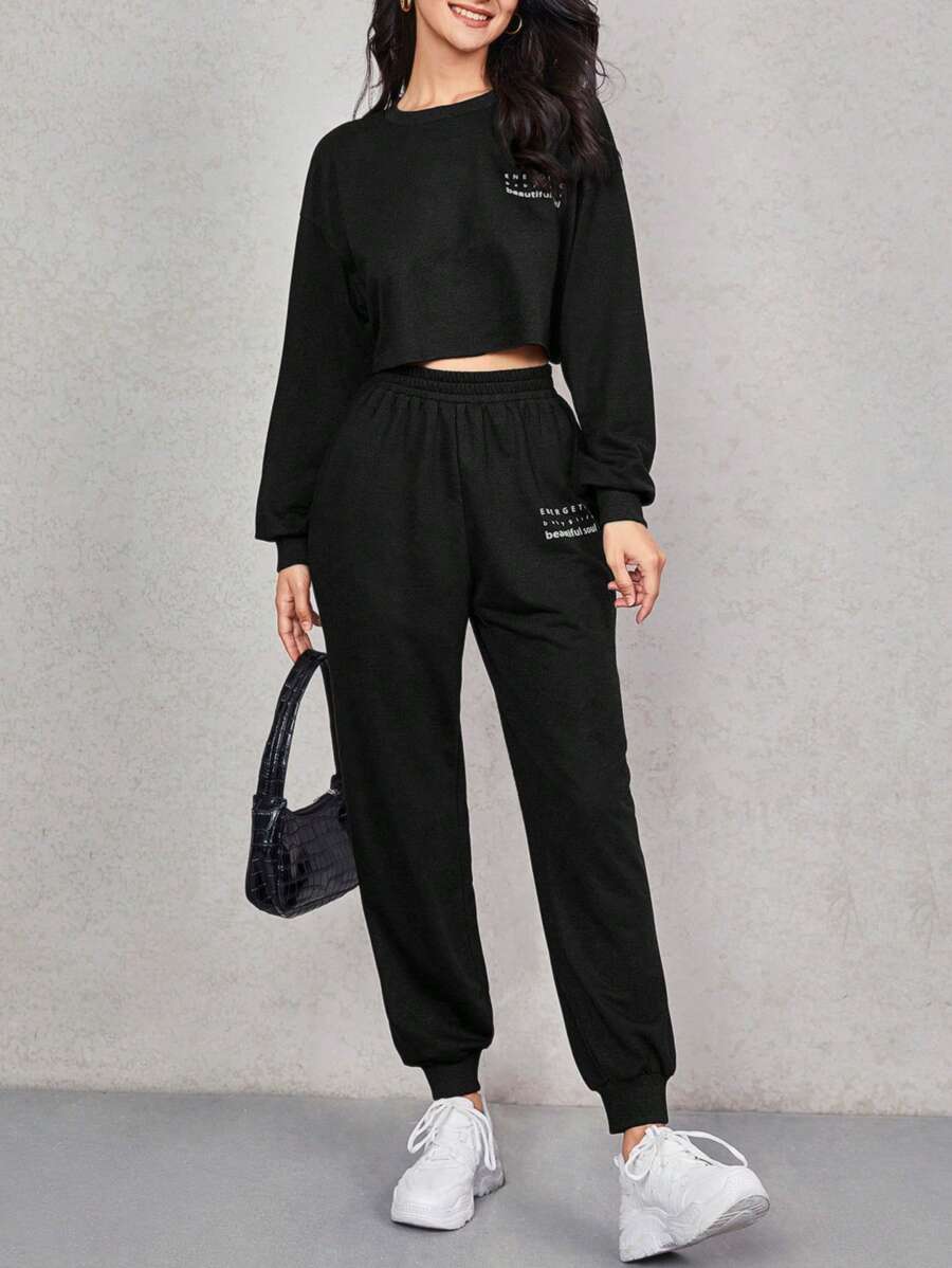 SHEIN EZwear Conjunto de sudadera con capucha y pantalones de chándal con gráfico de letra y hombros caídos