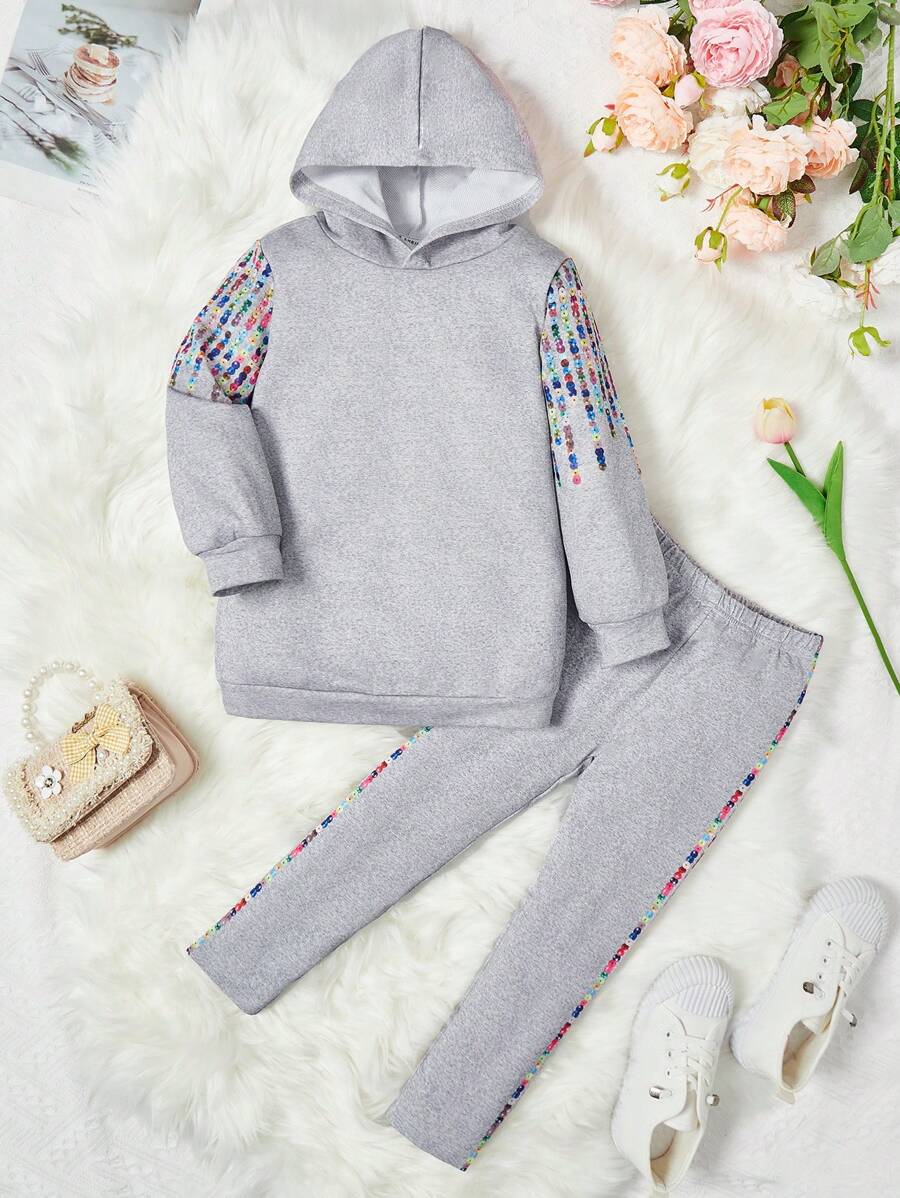SHEIN Mädchen Kapuzenpullover Mit Kontrastierenden Ärmeln & Leggings