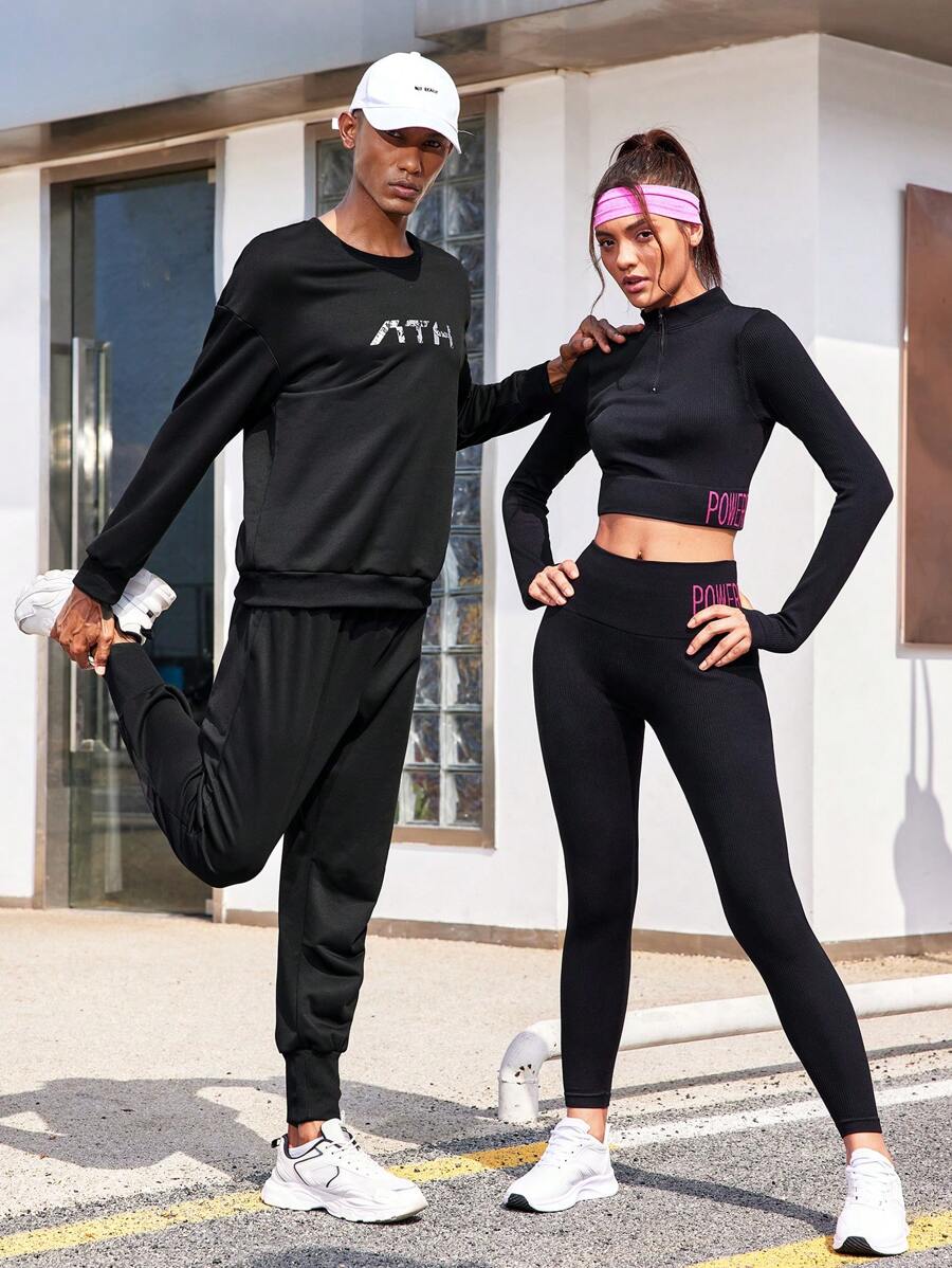 Manfinity Sport Corelite Men Letter Graphic Sports Sweatshirt & Sweatpants, Athletic Suit, Tracksuit Workout Set