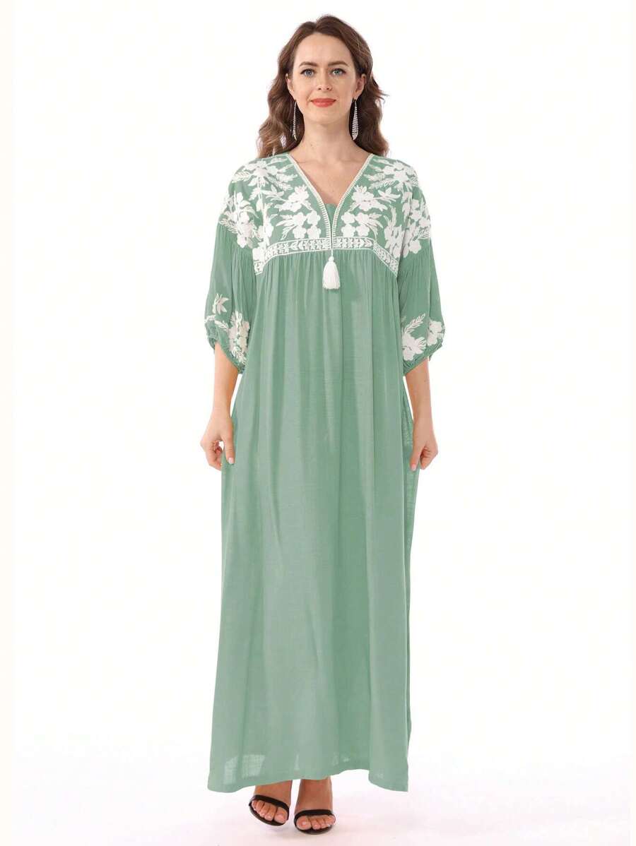 RAMADAN Floral Embroidered Patchwork Tasseled Drop Shoulder Arabian Women Elegant Dress JALABIA 2025 Spring Summer Eid Al Adha,Modest