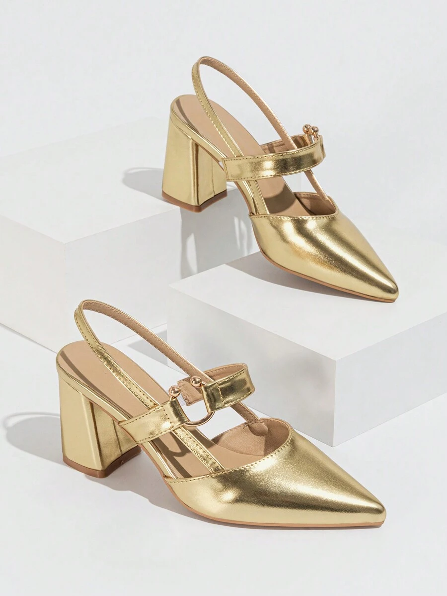 Women's High-heeled Shoes, Metal Comfortable Pointed Toe High Heels, Thick Heels, Gold Women's Shoes, Gorgeous And Elegant, Dating, Vacation, Daily Fashion Women's Shoes