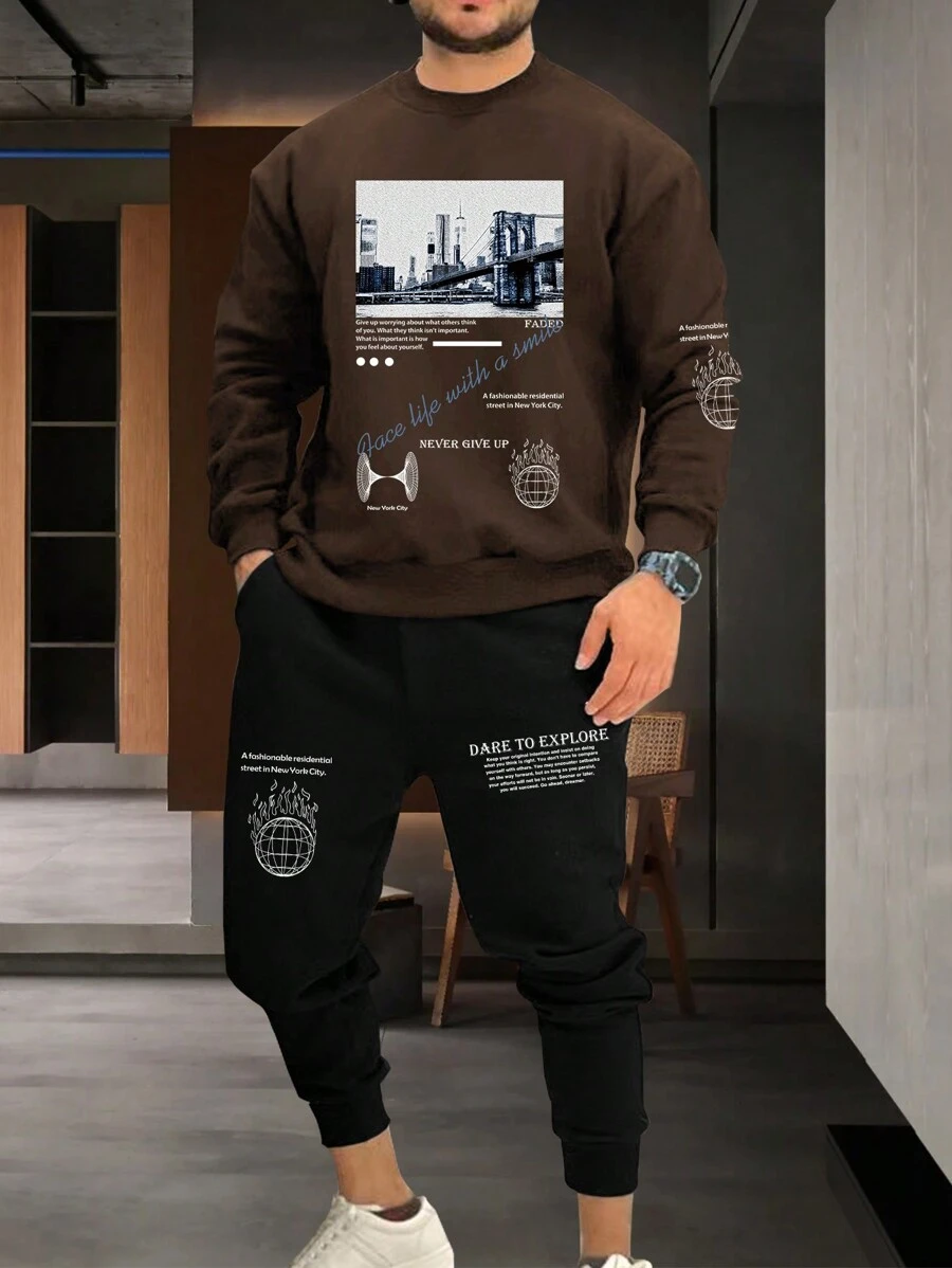 Manfinity Homme Men's Photo Printed Sweatshirt And Sweatpants Set