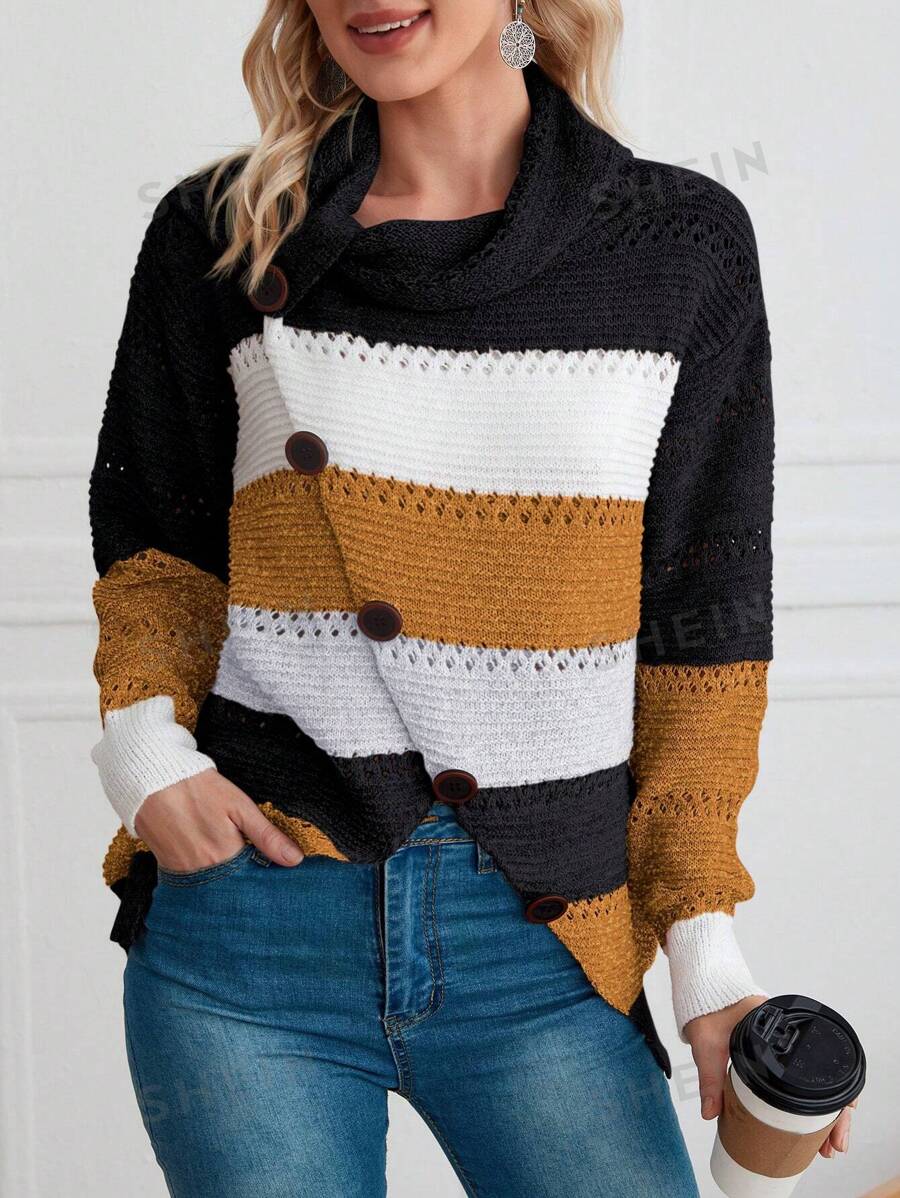 SHEIN LUNE Jersey de color combinado de cuello desbocado con diseño de botón bajo asimétrico