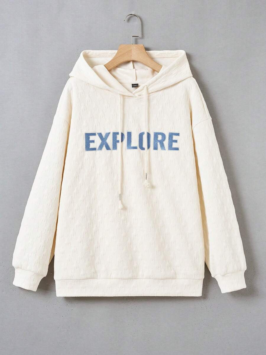 Mulvari Plus Letter Graphic Drop Shoulder Drawstring Hoodie