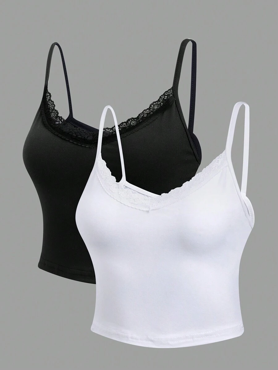 Flirla 2pcs Lace Trim Cami Top
