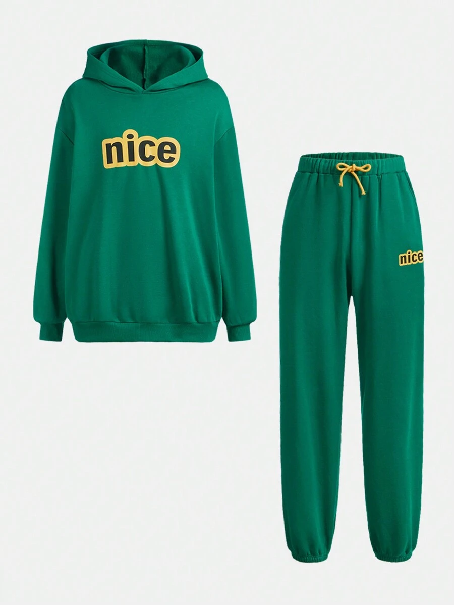 SHEIN 2 piezas Conjunto de sudadera con capucha con estampado de letras y pantalones de forro polar de unicolor, engrosado, para chicos adolescentes