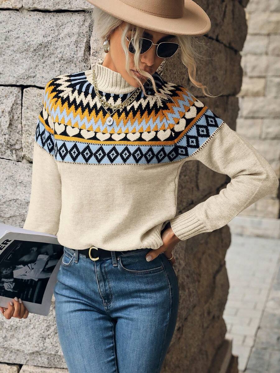 EMERY ROSE Suéter con cuello simulado y manga raglán con estampado geométrico