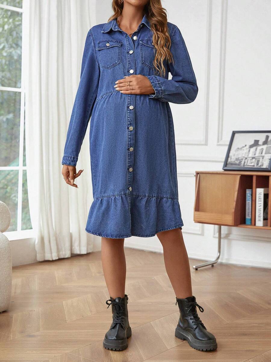 SHEIN Vestido De Mezclilla De Maternidad Con Dobladillo De Volante Y Cuello De Camisa
