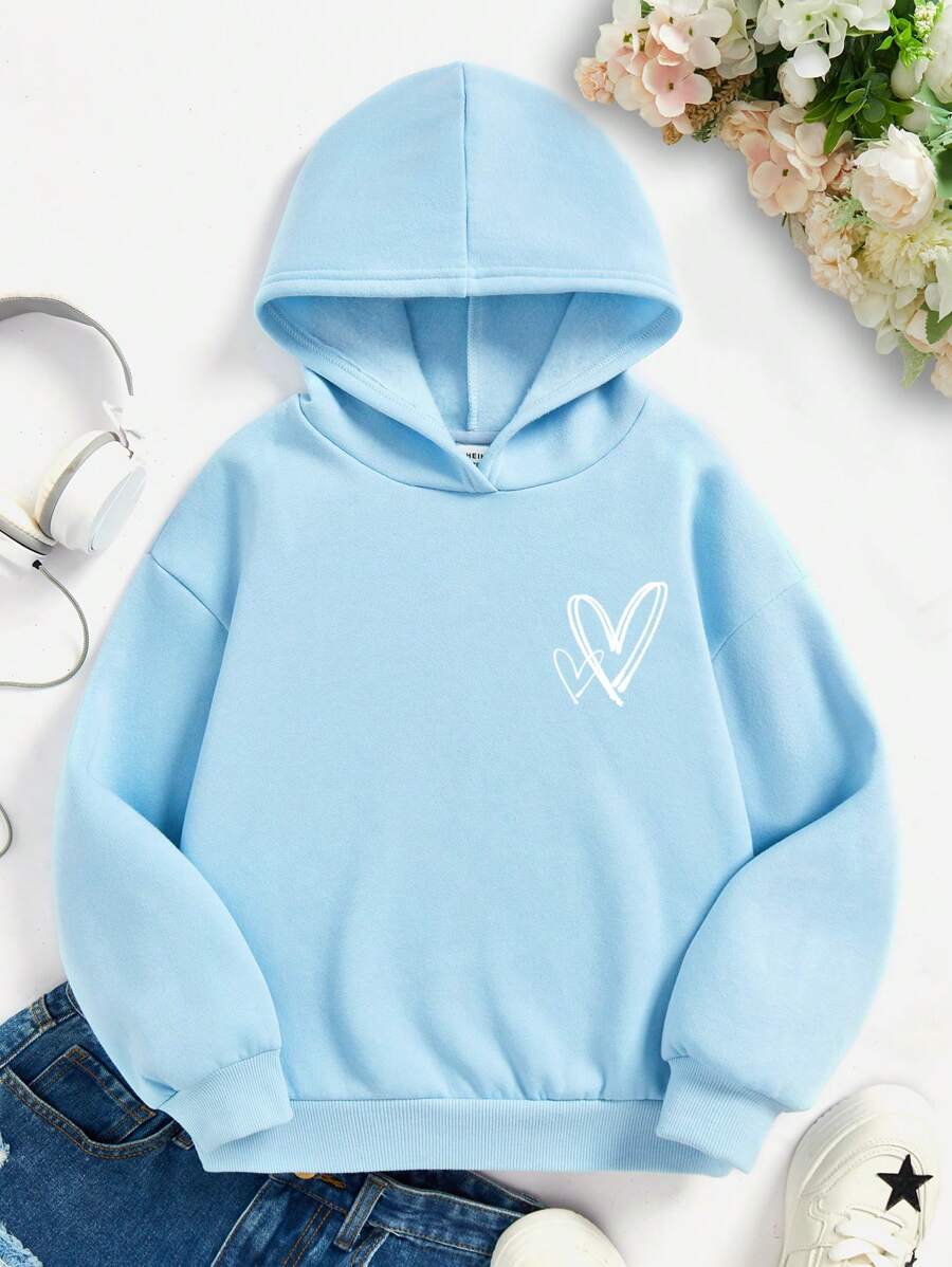 SHEIN Moletom de lã com capuz de manga comprida com estampa de coração casual para meninas adolescentes, adequado para outono e inverno