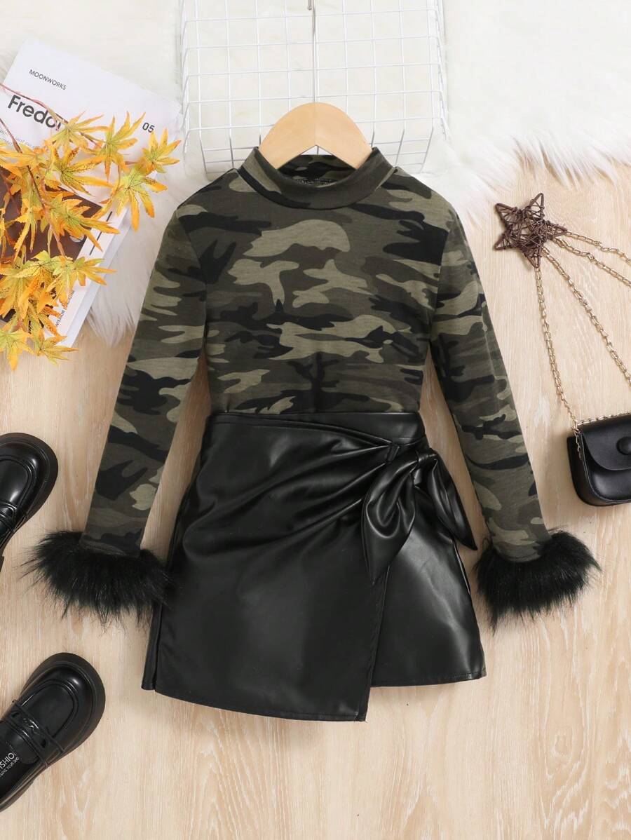 SHEIN Young Girl Stylish Streetwear Camo Knit Long Sleeve Top With Pu Leather Skirt