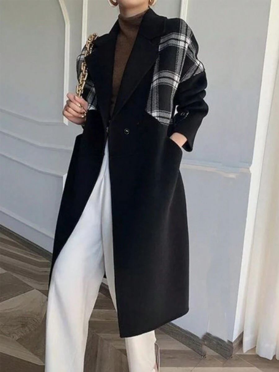 Calvaya Manteau En Laine À Carreaux Pour Femmes Avec Col Haut Et Patchwork