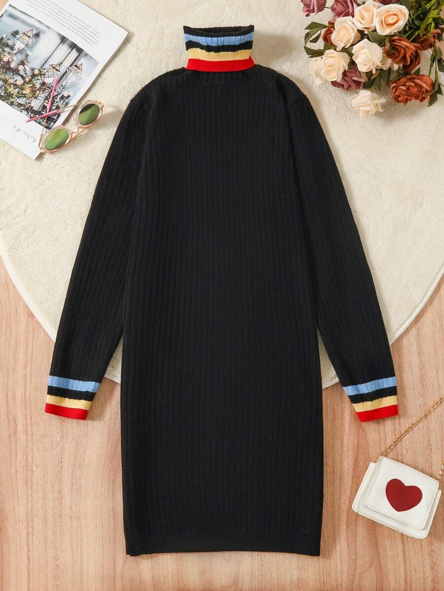 SHEIN Vestido de suéter acanalado con borde a rayas para niña preadolescente