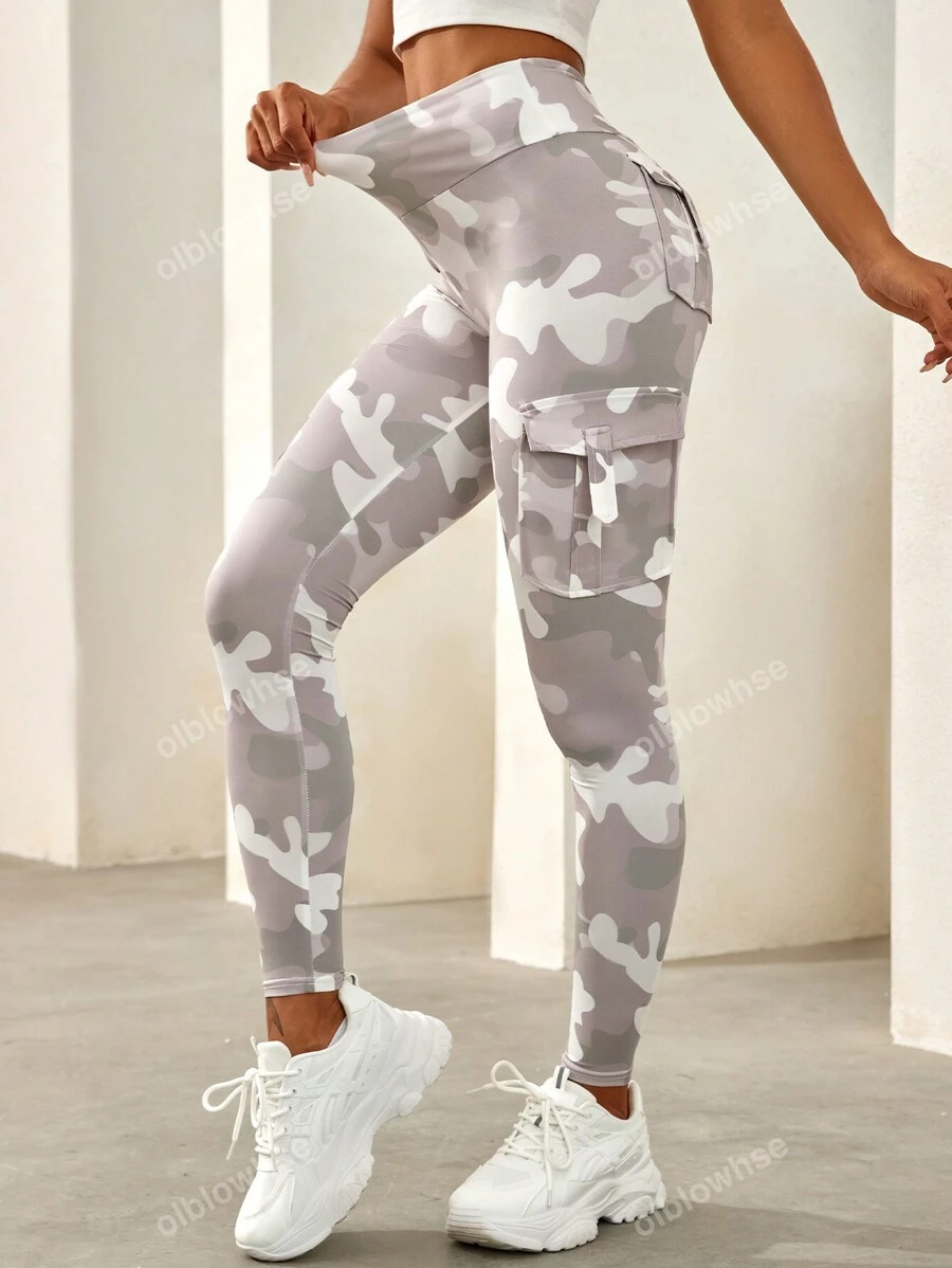 Camo Print Flap Pocket Side Running Yoga Stretch Leggings