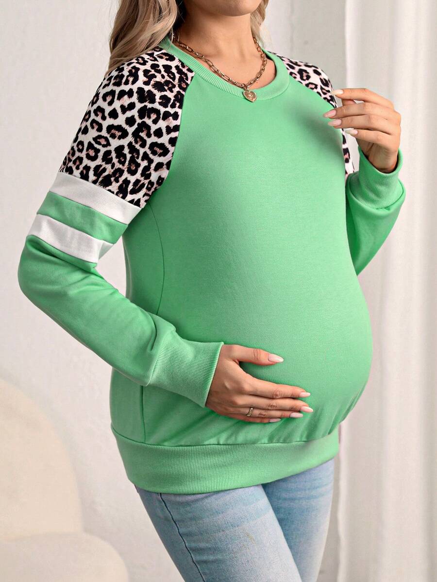 SHEIN Maternity Leopard Pattern Raglan Sleeve Striped Pullover Sweatshirt, For Winter