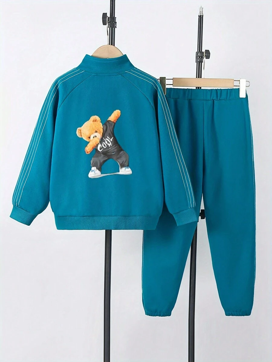 Tween Boy Bear Graphic Patchwork Side Insert Sleeve 2-Piece Jacket And Pants Set