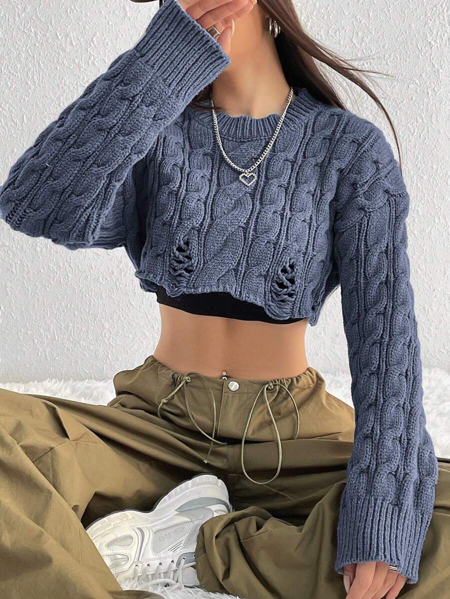 Flirla Short Textured Cable Knit & Drop Shoulder Sweater