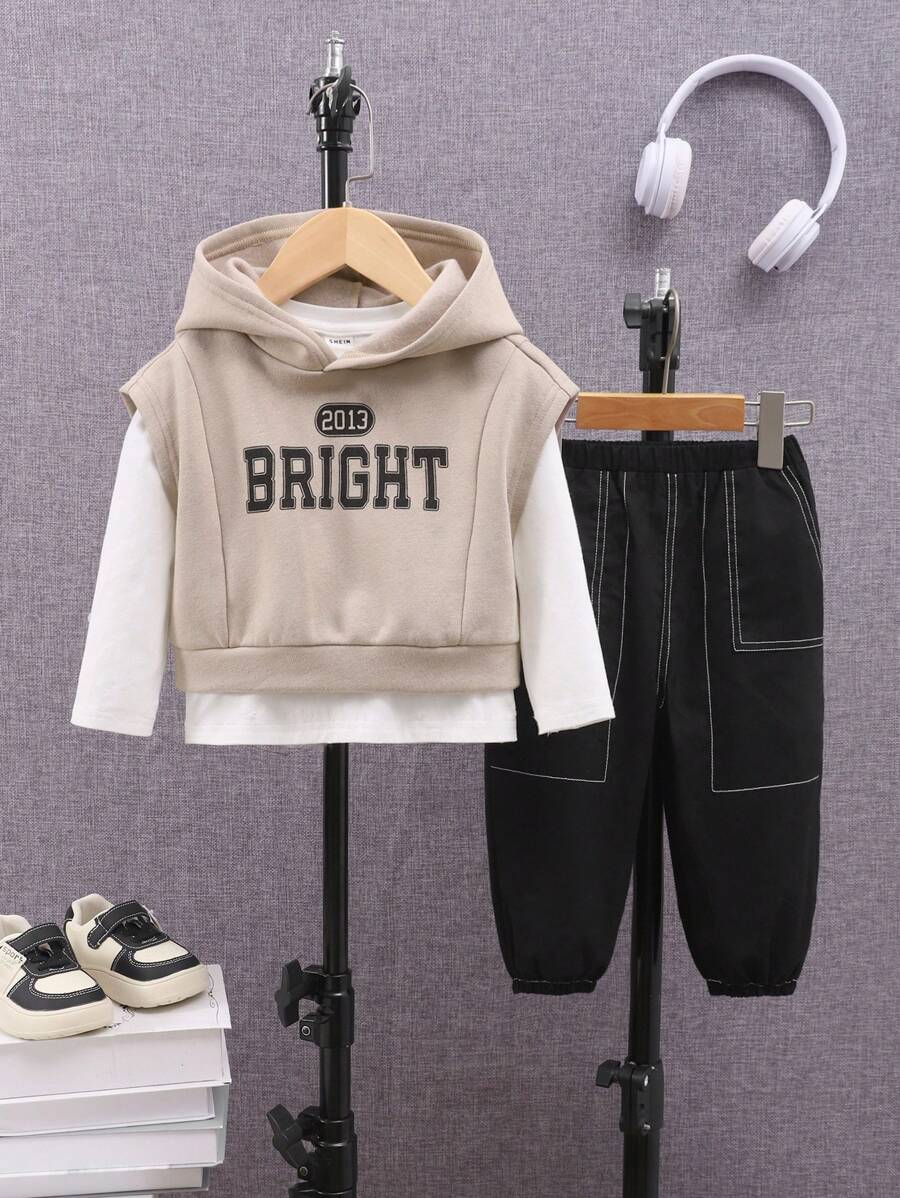 SHEIN 3 stuks Unisex Baby Effen Kleur Ronde Hals Lange Mouw Hoodie Sweatshirt En Gestreepte Enkelband Broek Set, Thermische Gevoerde Winter