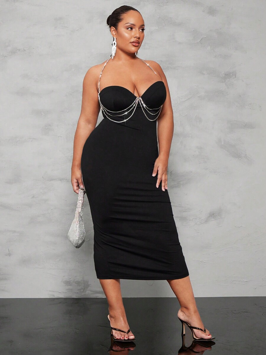 SHEIN BAE Robe À Col Licou Avec Détails En Strass Pour Femmes, Grande