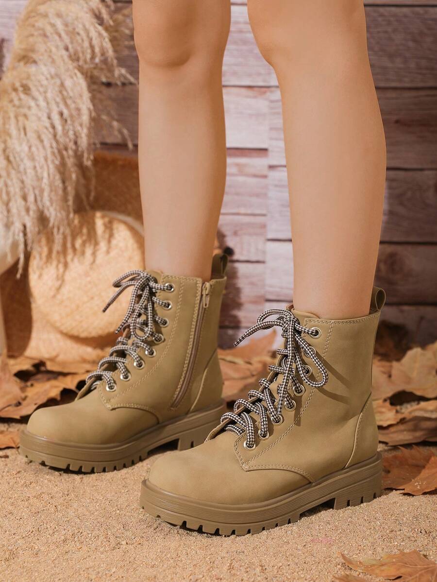 Khaki Motorcycle Boots With Buckled Straps, Fashionable Pu Leather Boots For Autumn And Winter Students' Wear