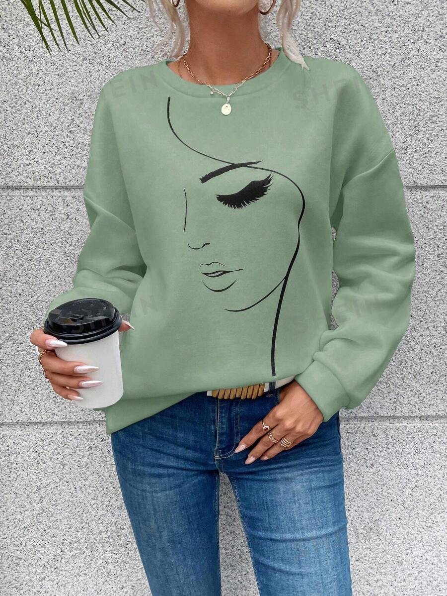 EMERY ROSE Sudadera de manga larga con gráfico de figura y hombros caídos