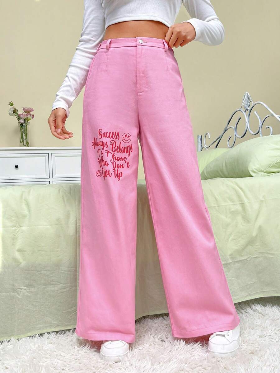 SHEIN EZwear Slogan Graphic Wide Leg Pants
