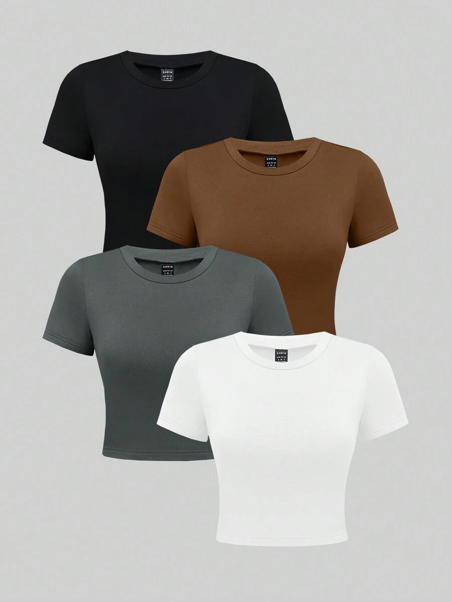 INAWLY 4pcs Solid Round Neck Tee