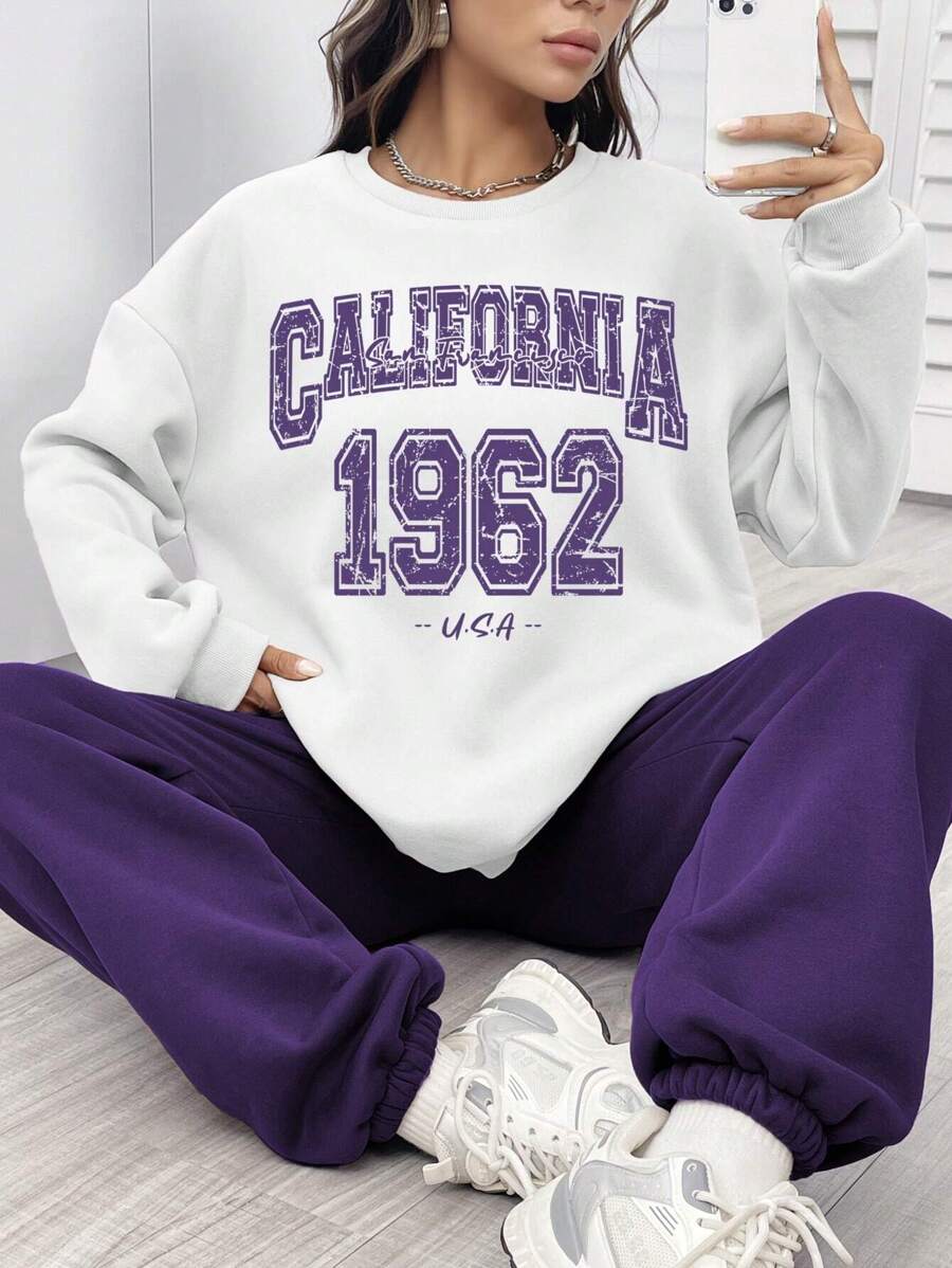 INAWLY Ensemble De Sweat-shirt À Épaules Basses Imprimé De Lettre Pour Femmes Et Pantalon De Survêtement Ample Solide