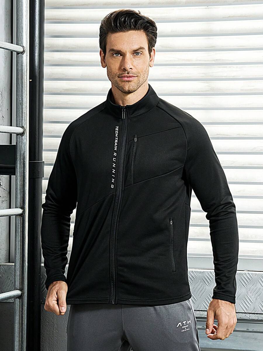 Manfinity Sport Corelite Boyfriend Style Men's Letter Print Zip-Front Raglan Sleeve Sports Jacket With Front Pockets Workout Tops