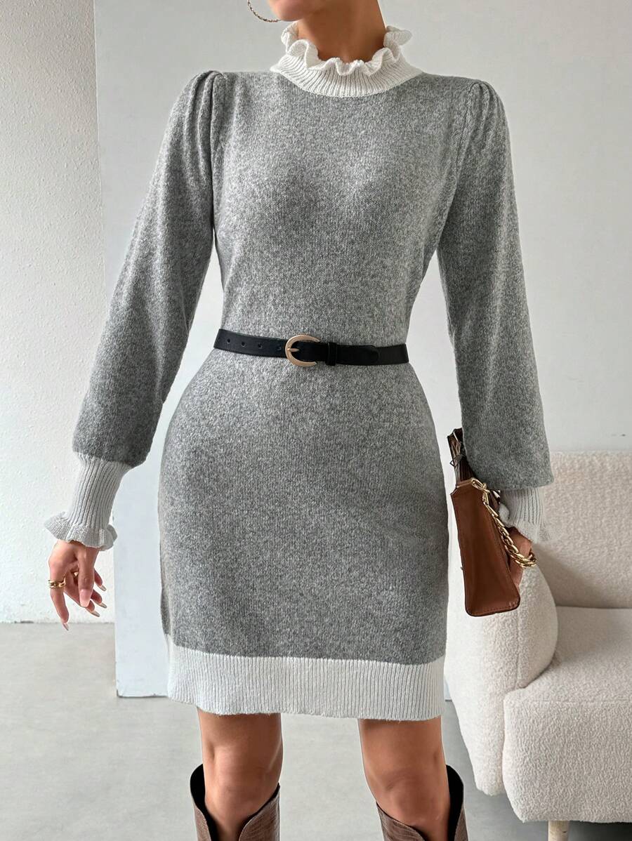Calvaya Contrast Trim Flounce Sleeve Sweater Dress
