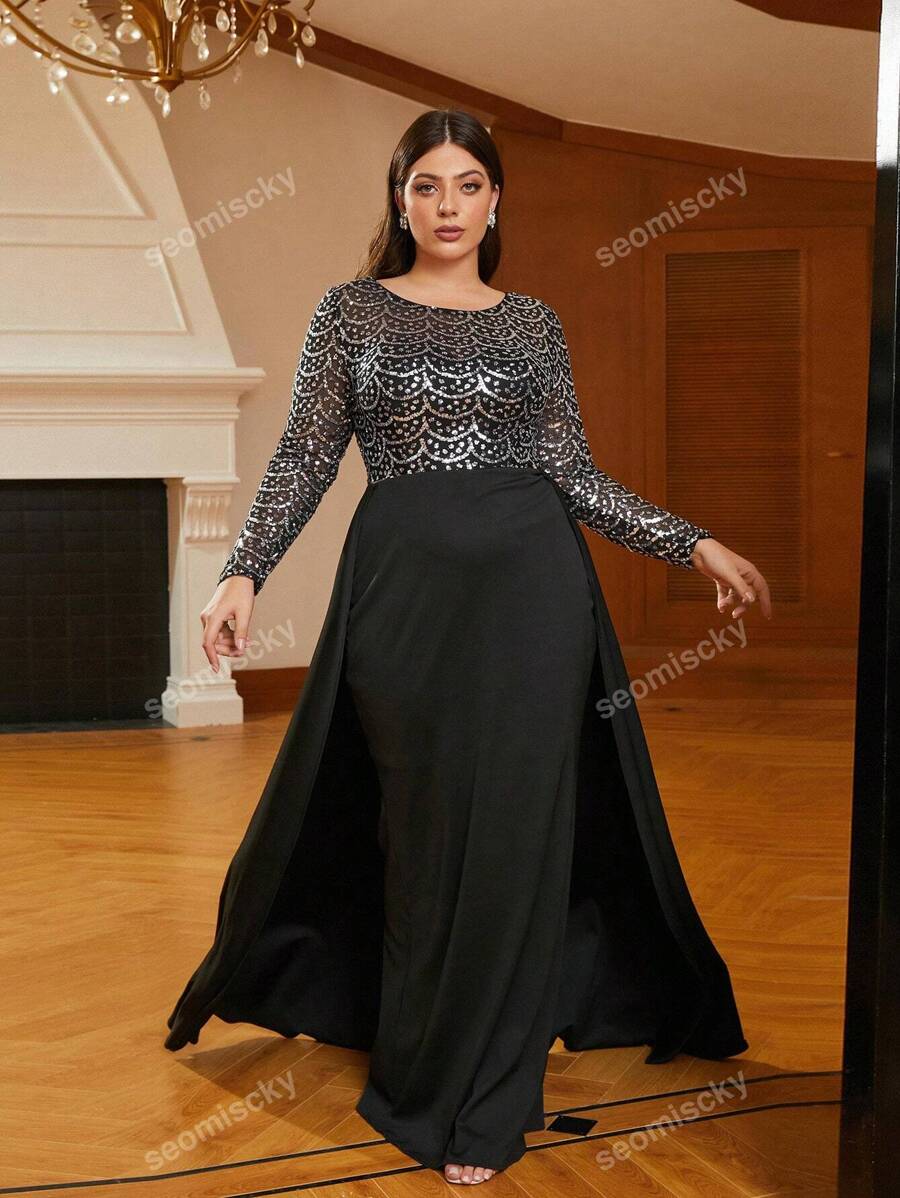 Plus Size Sequined Mesh Contrast Double-Layered Hem Evening Dress