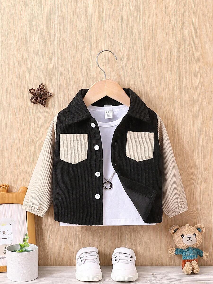 Baby Colorblock Collar Coat With Pocket Design