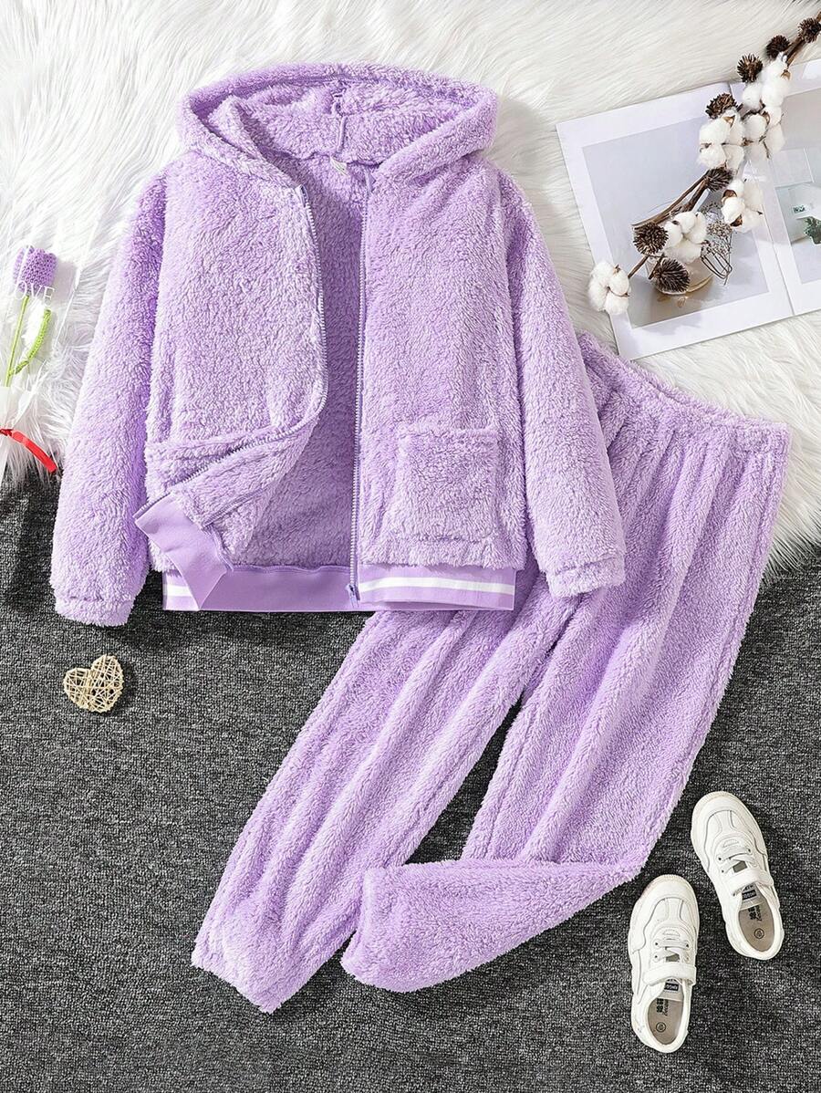 SHEIN Girls' (big) Solid Color Hooded Plush Jacket And Loose Pants Two Piece Set