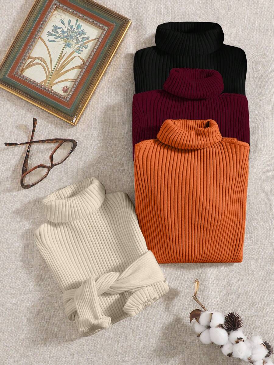 SHEIN LUNE 4pcs Turtleneck Ribbed Knit Sweater,Long Sleeve Tops