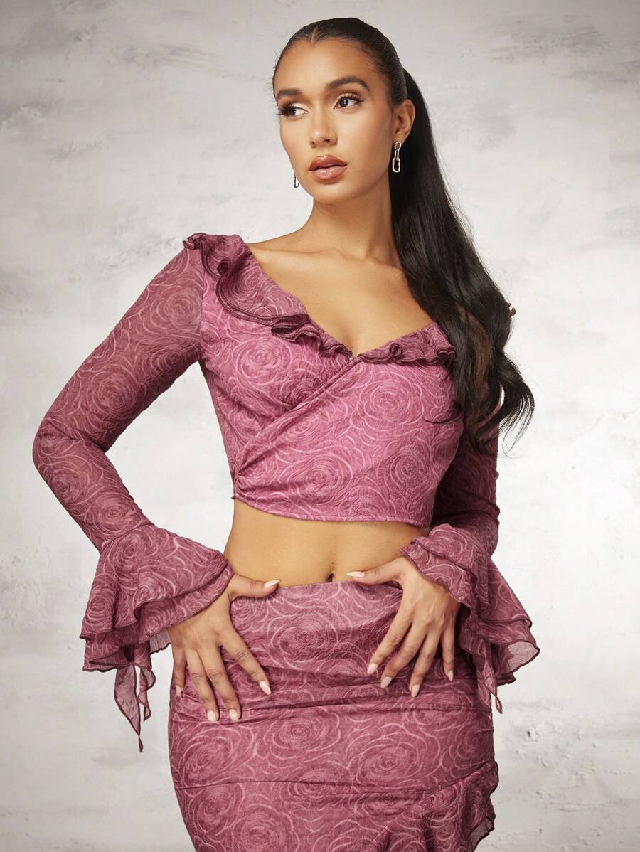 SHEIN BAE Women's Flower Jacquard Ruffle Hem Flare Sleeve Back Bow Tie Crop Top