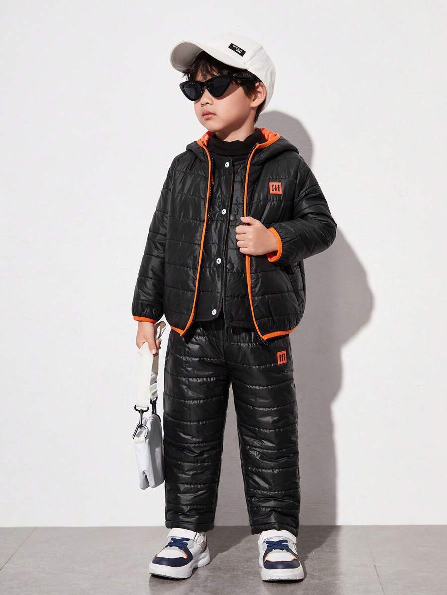 SHEIN 3 piezas Chaqueta con capucha acolchada holgada informal para niños, chaleco sin mangas y conjunto de pantalones, de felpa, abrigados