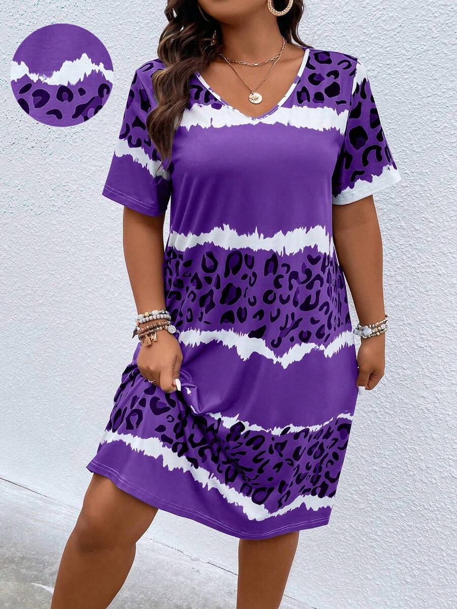 Plus Size Leopard Print V-Neck Dress, Summer