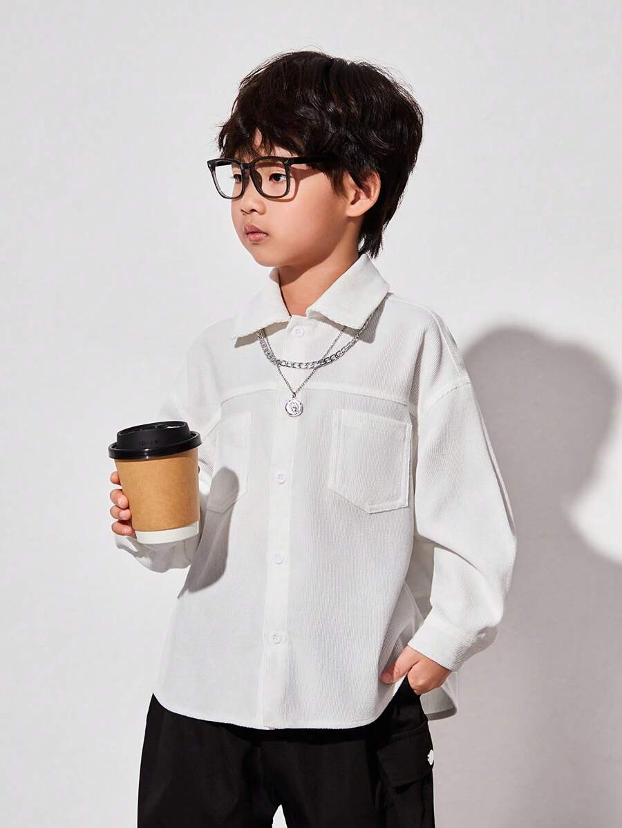 SHEIN Young Boys' Casual Loose Fit Solid Color Shirt With Chest Pocket Decoration, Long Sleeve