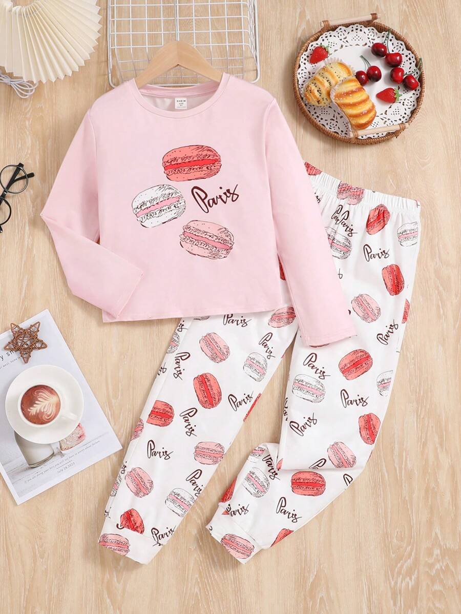 SHEIN Ensemble Pyjama À Manches Longues À Col Rond En Tricot Pour Les Adolescentes À La Mode De Style De Rue
