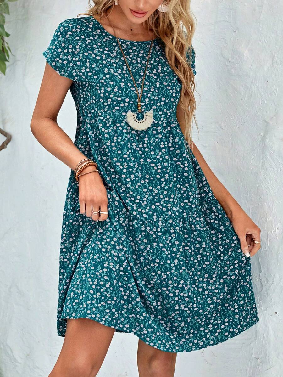 EMERY ROSE Vestido casual de verano con cuello redondo y mangas cortas con estampado floral diminuto para vacaciones