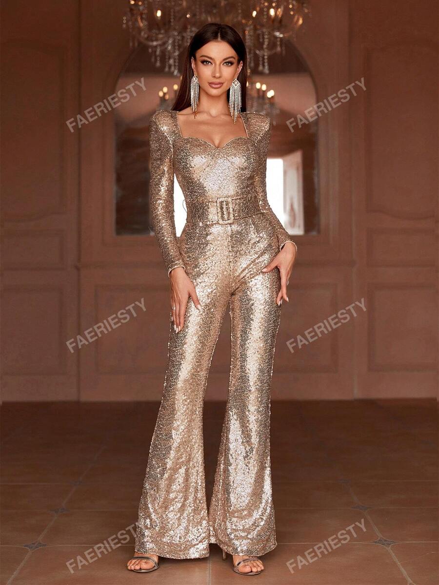 Faeriesty Sweetheart Neck Sequin Buckle Belted Jumpsuit, For Wedding Guest