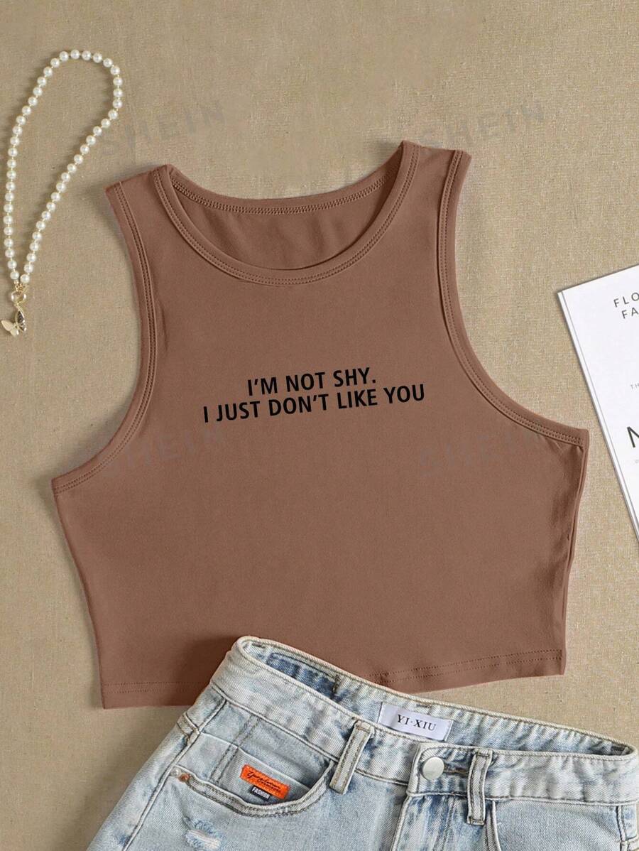 SHEIN MOOSTA Top de tirantes estampada con eslogan para mujer "NO SOY TÍMIDA, SIMPLEMENTE NO ME GUSTAS" - Camisetas gráficas para mujeres