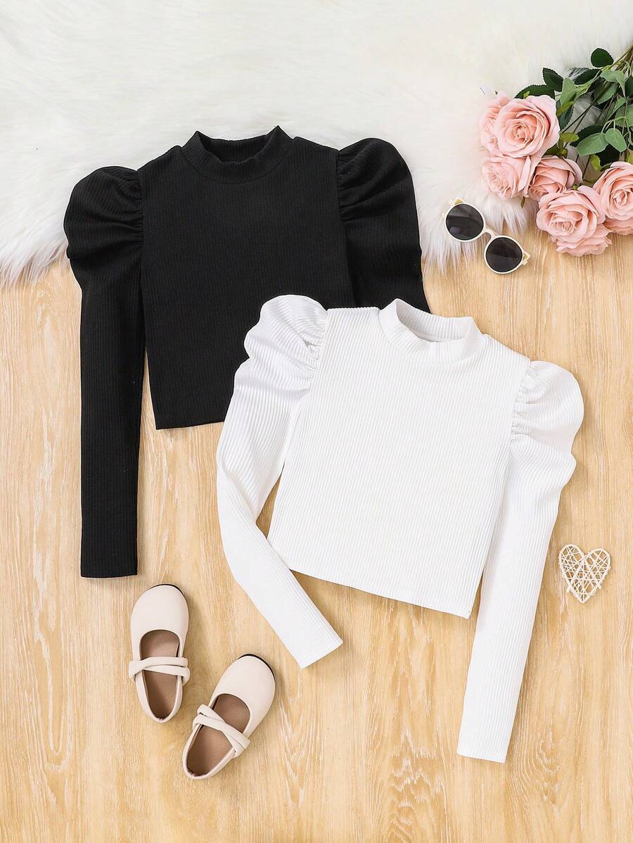 SHEIN Teenager Mädchen 2 Stücke T-Shirt mit Stehkragen, Puffärmeln,