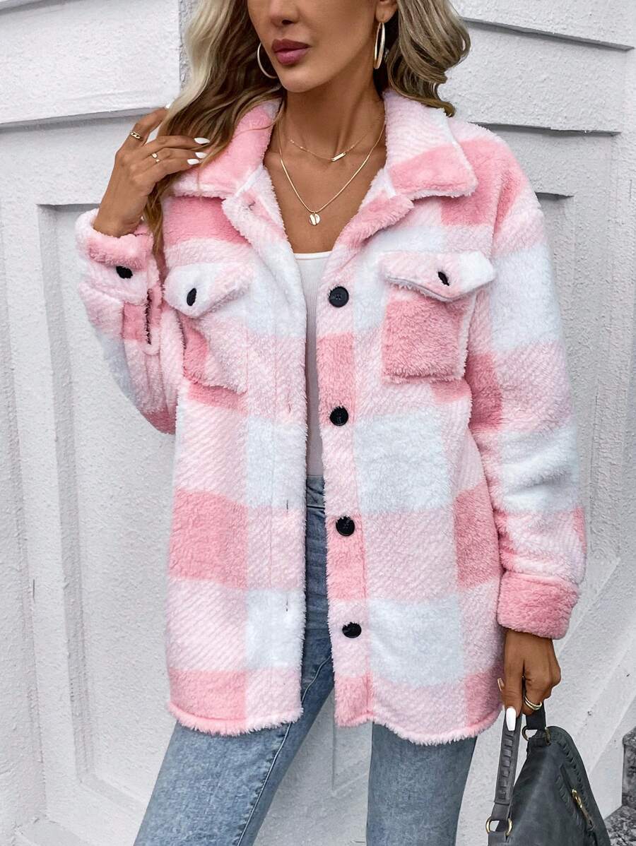 SHEIN LUNE Abrigo de mujeres de cuadros suave regular
