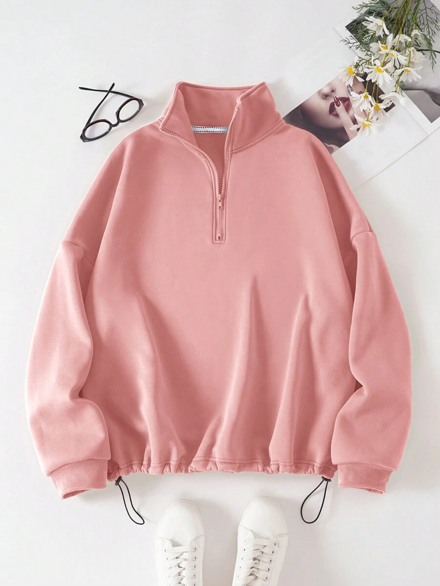 INAWLY Plus Size Drop Shoulder Zipper Half Placket Sweatshirt
