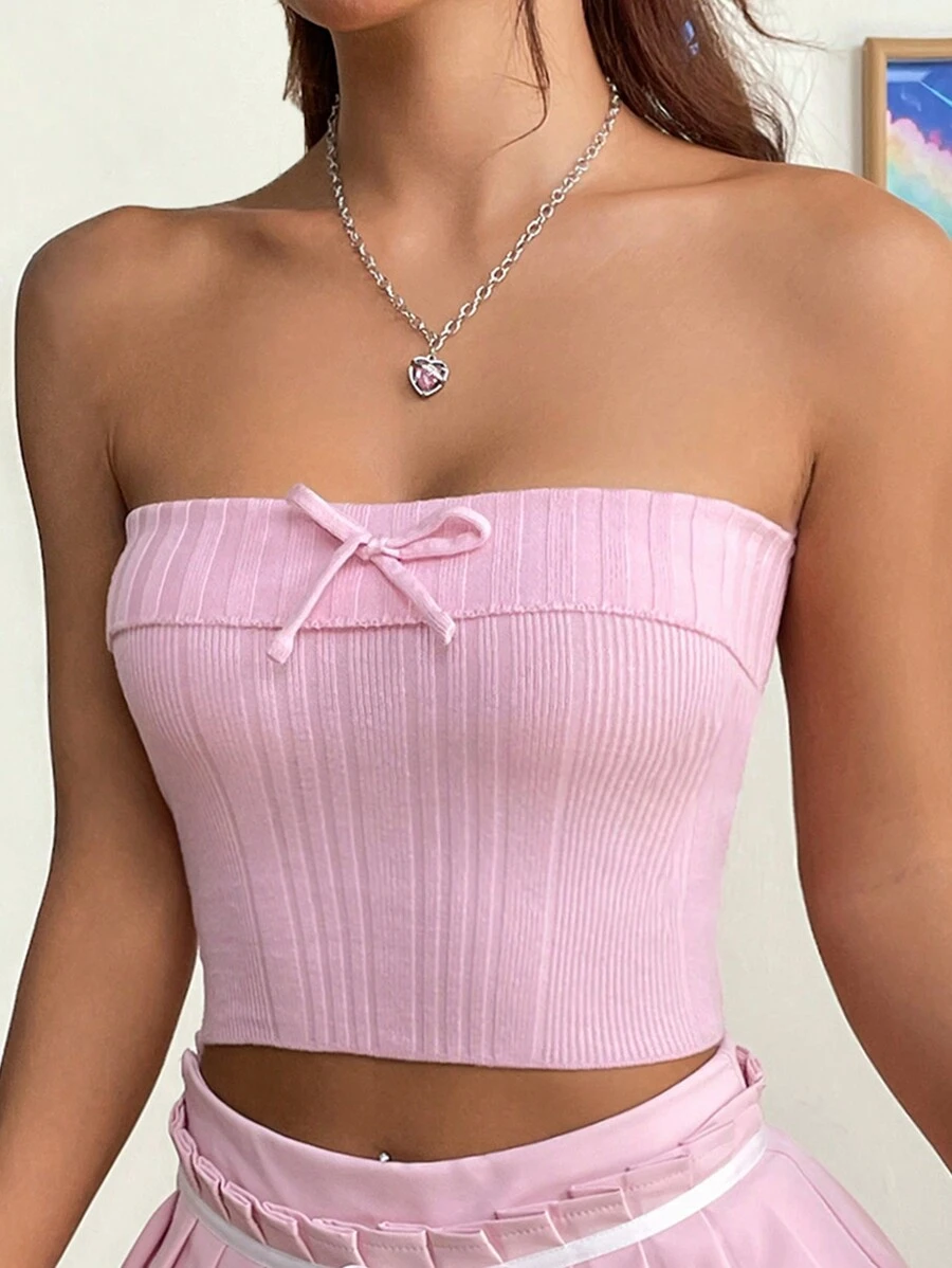 SHEIN EZwear Women's Knit Strapless Top With Pink Bow Tie
