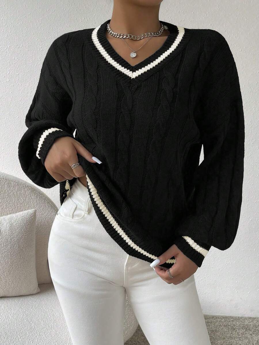 Chiquease Lantern Sleeves Striped Cable Knit Sweater,Long Sleeve Tops