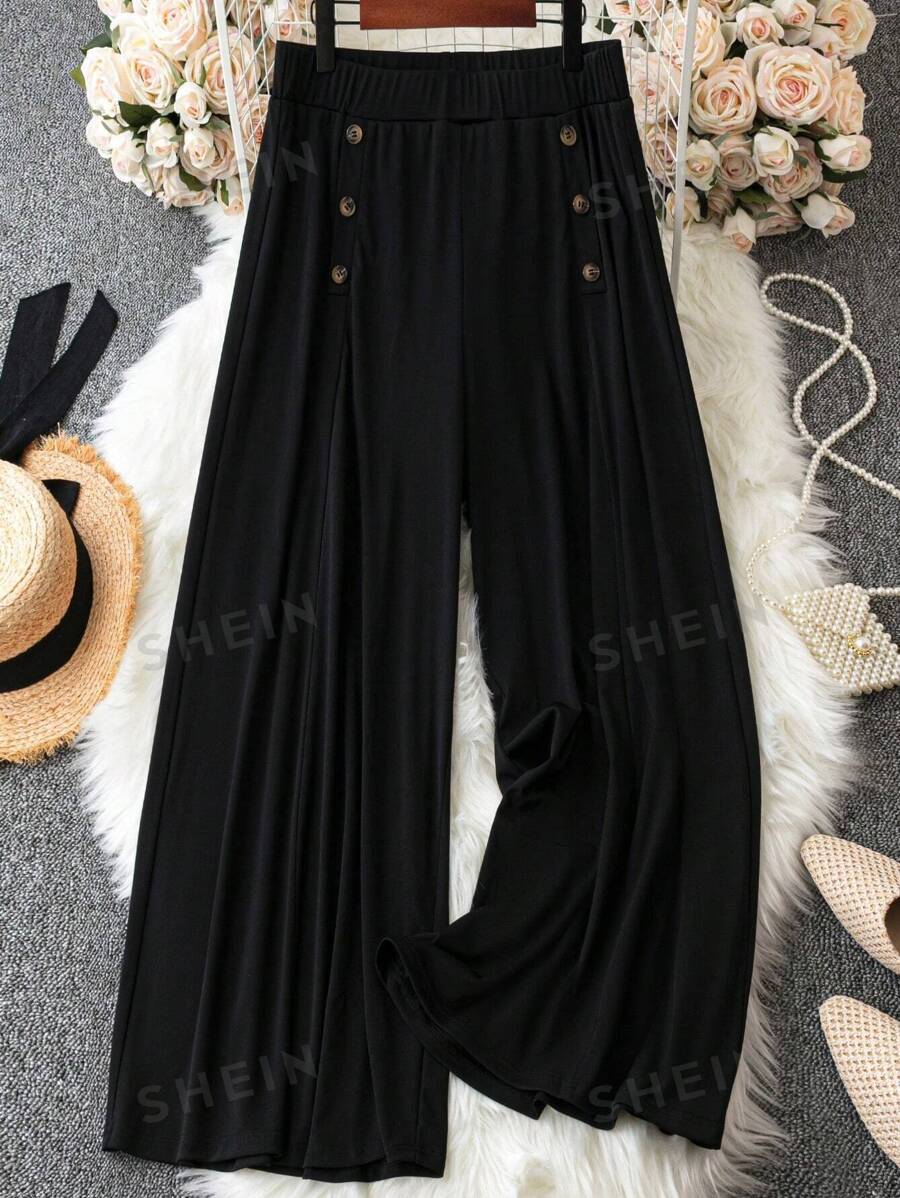 Calvaya Pantalones De Talla Grande De Pierna Ancha De Color Sólido Con Adornos De Doble Botonadura