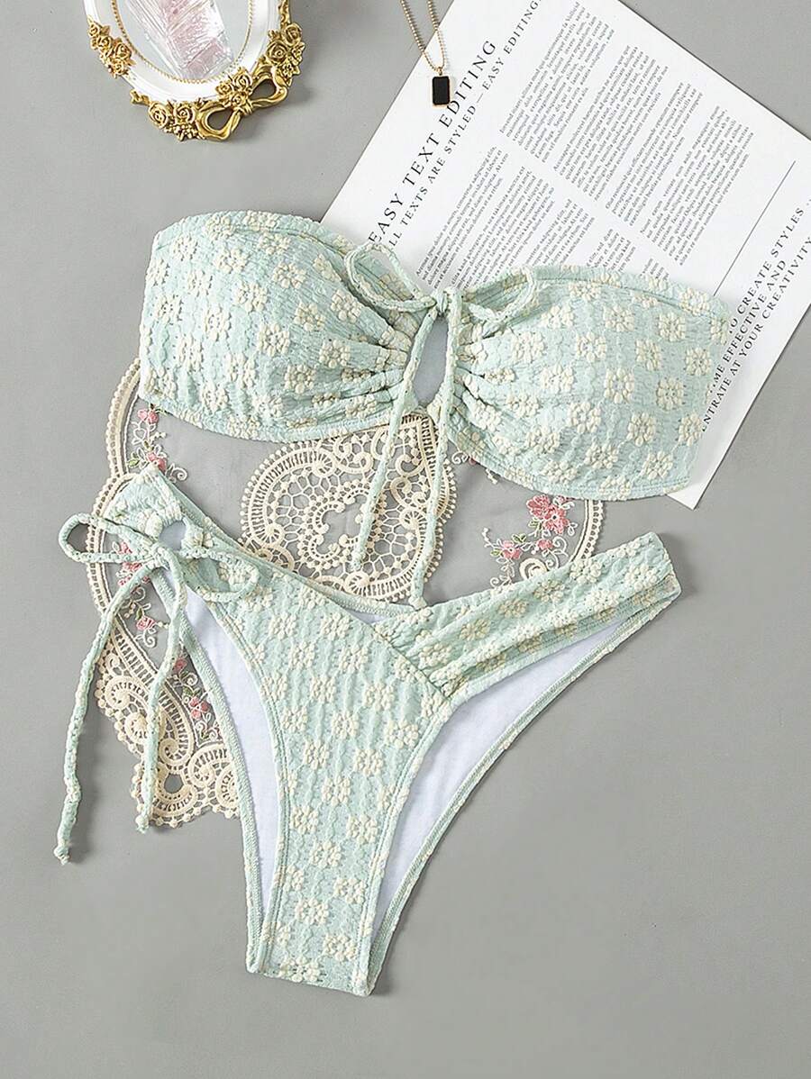 Swim Mod Letni plażowy komplet bikini typu bandeau z kwiatowym, żakardowym sznurkiem